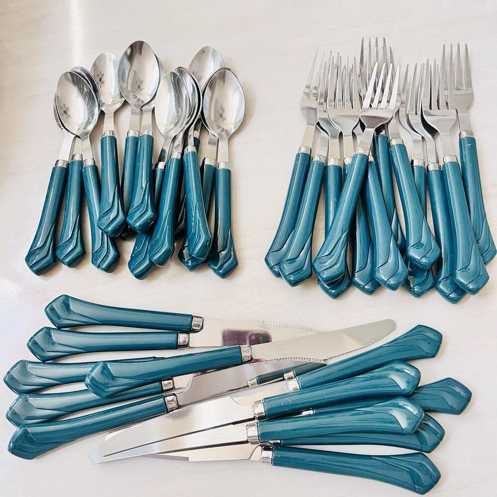 36pc Retro Green Plastic Handle Stainless Flatware Set For 12 Camping Picnic
